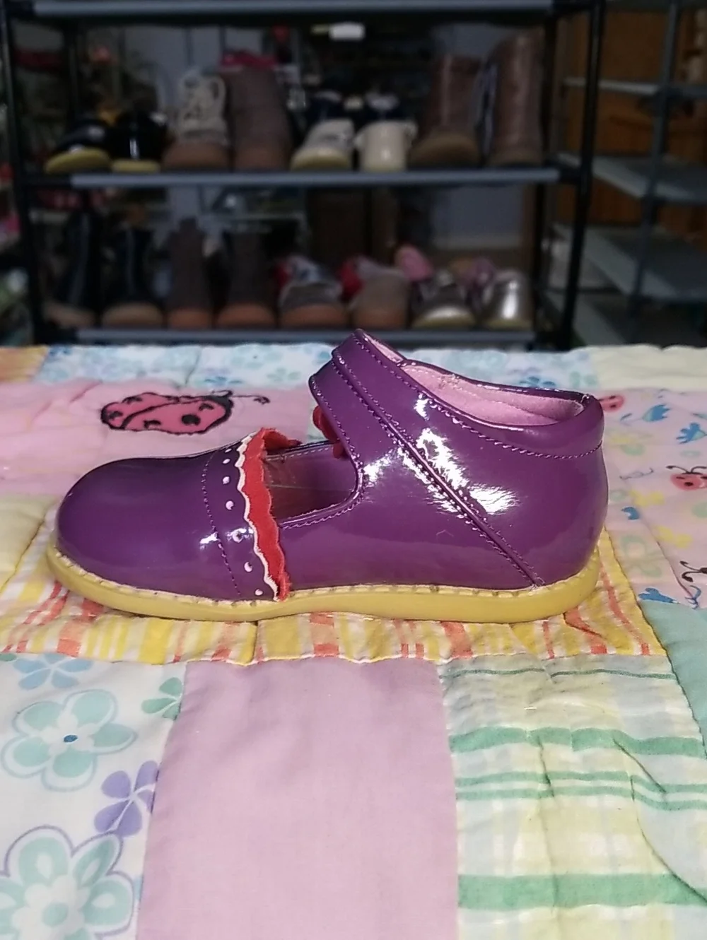 Livie & Luca Purple Patent Leather Mary Janes with Red Suede Flowers Size 6